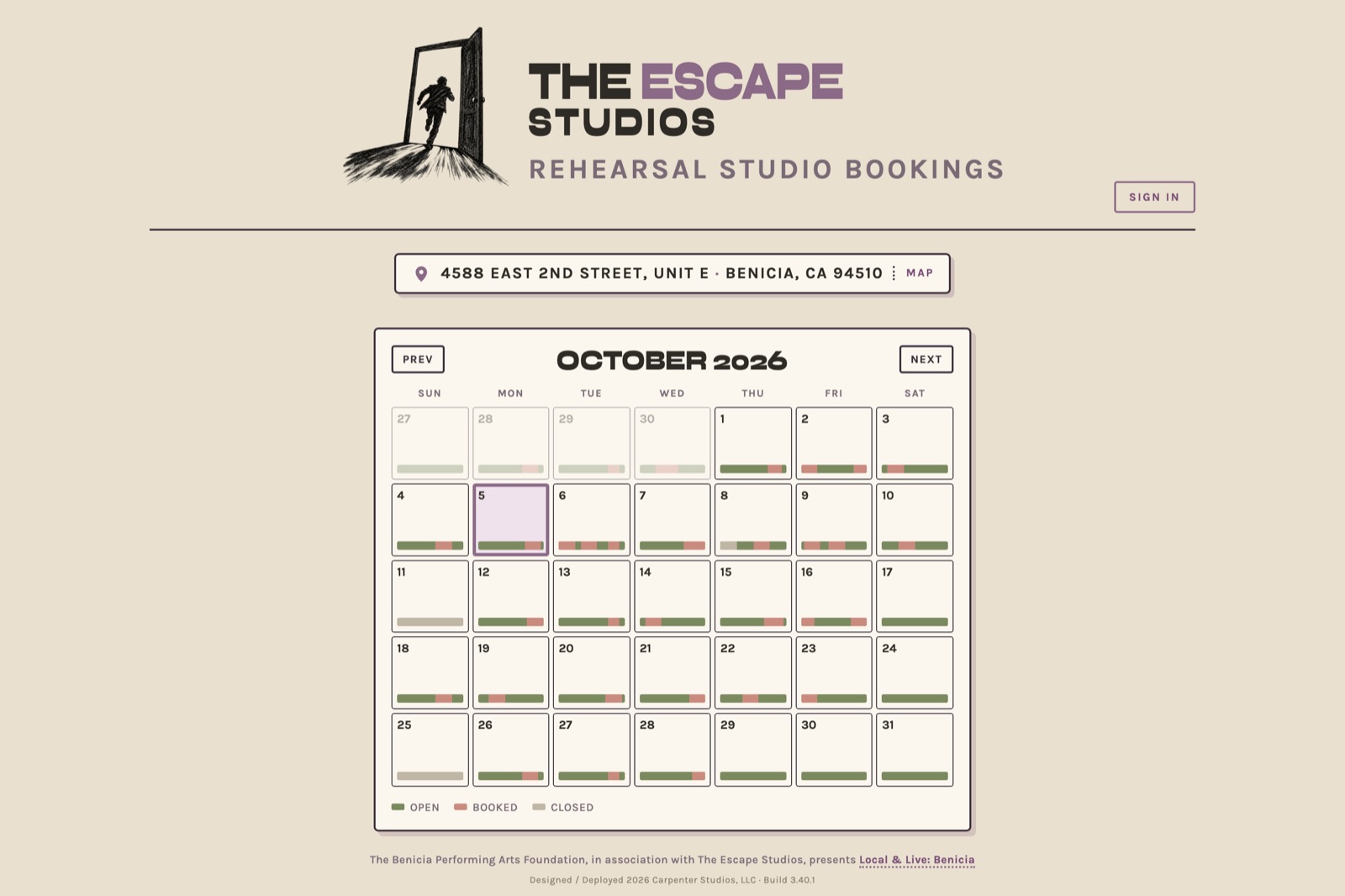 The Escape Studios: the public booking calendar, each day showing open, booked and closed time.
