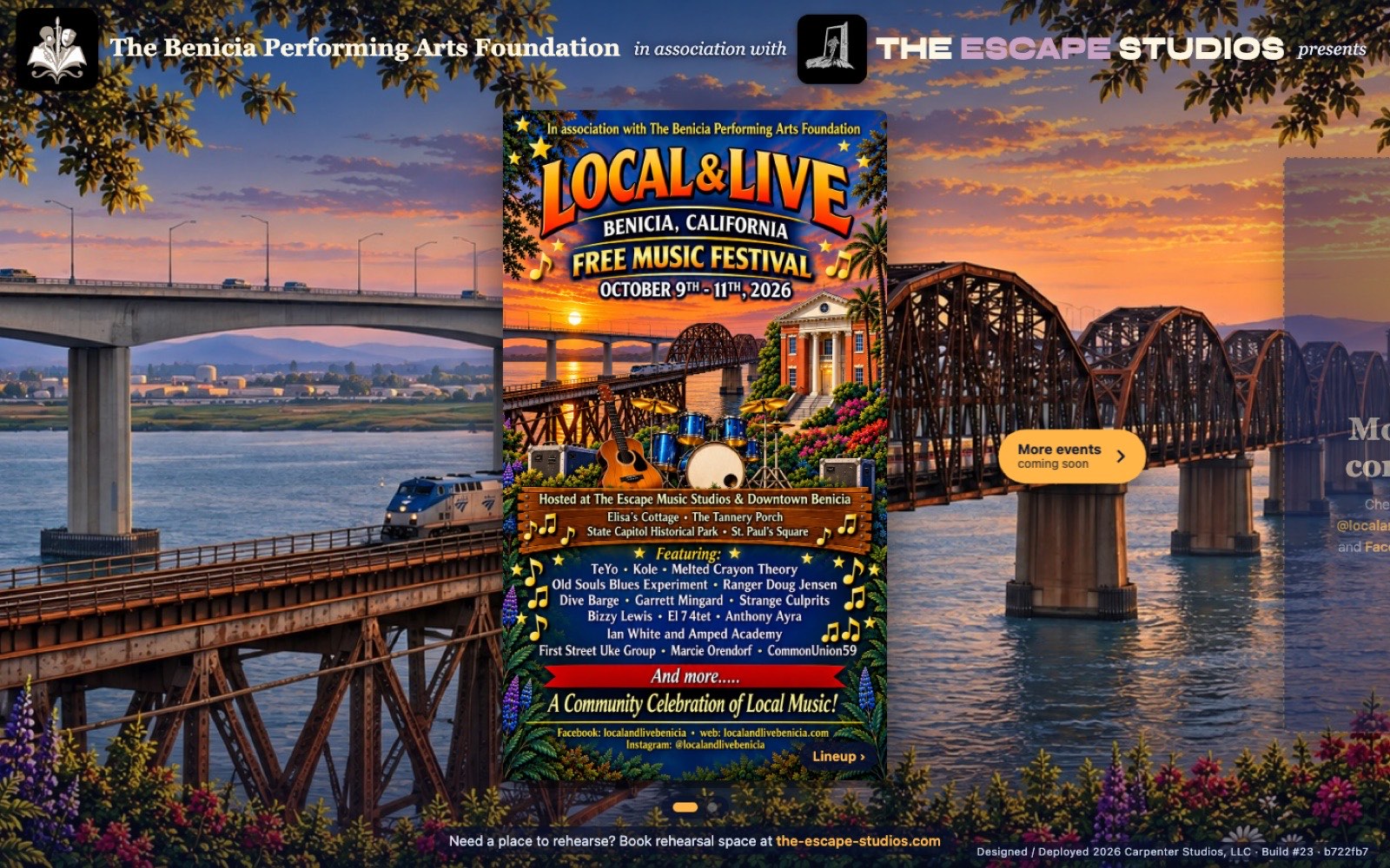 Local & Live: Benicia: the festival poster against a sunset scene of Benicia's bridges, with the sponsors' credit above.